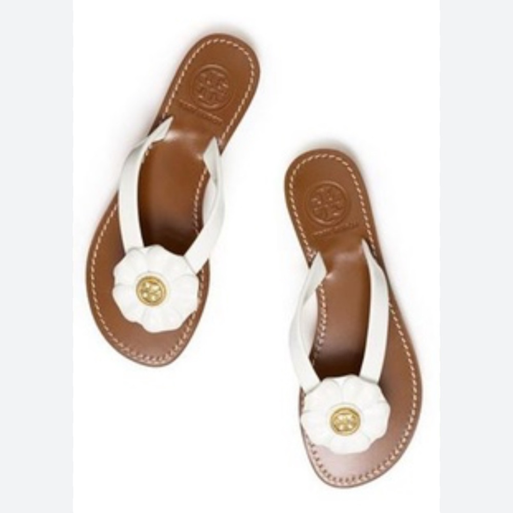 Tory Burch Breely Flower Leather Thong Flats Sandals Gold Logo White Slides 8.5